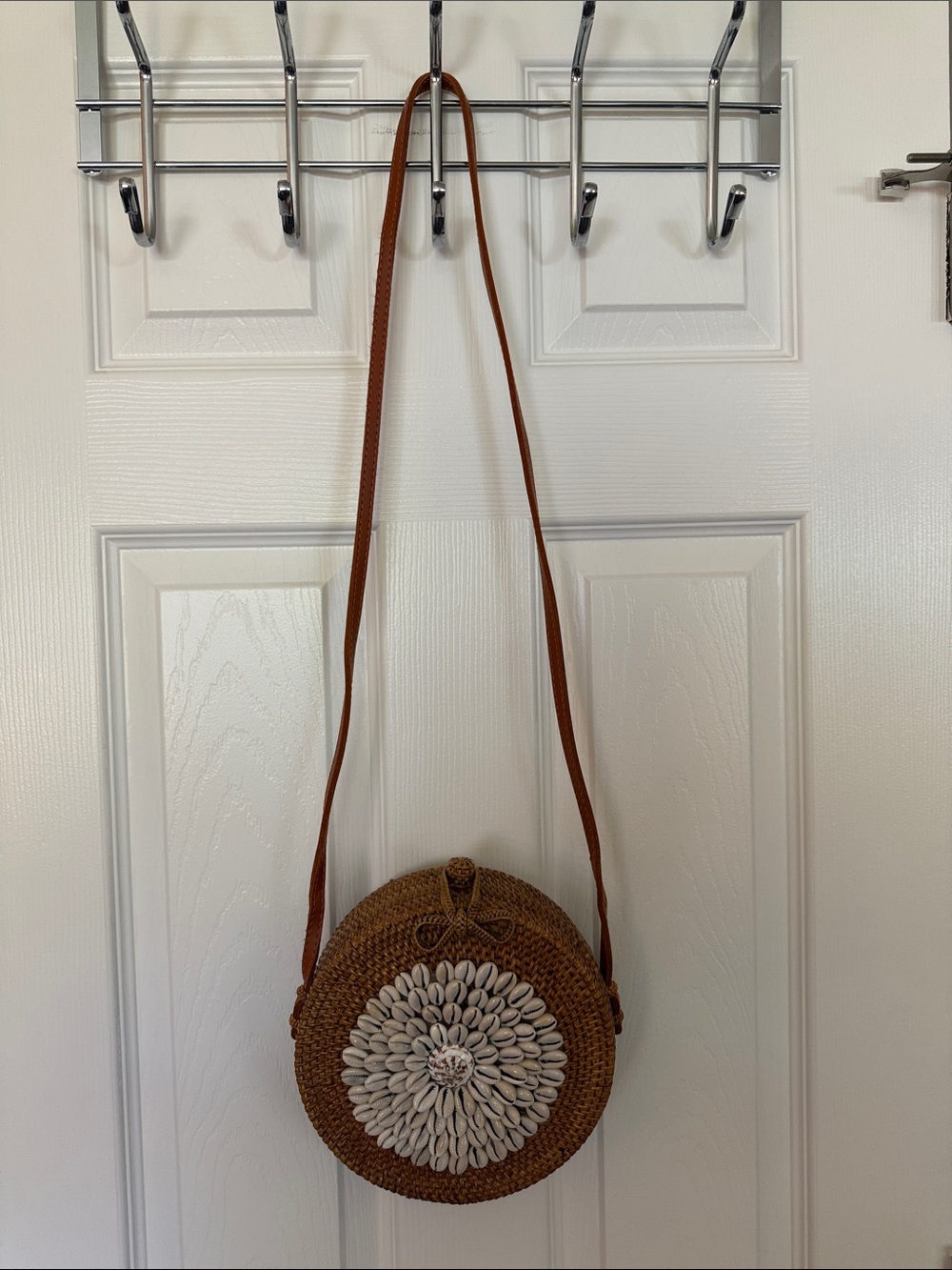 Anthropologie Brown Round Woven Crossbody Bag with Shell Accent